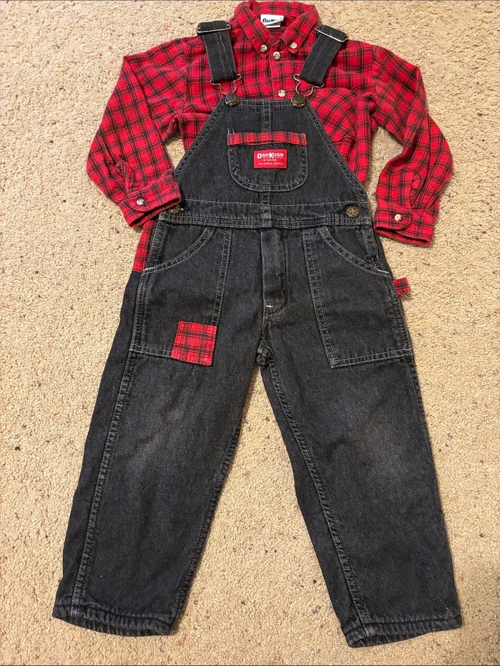 OshKosh B'gosh Black Denim Overalls with Red Plaid Accents